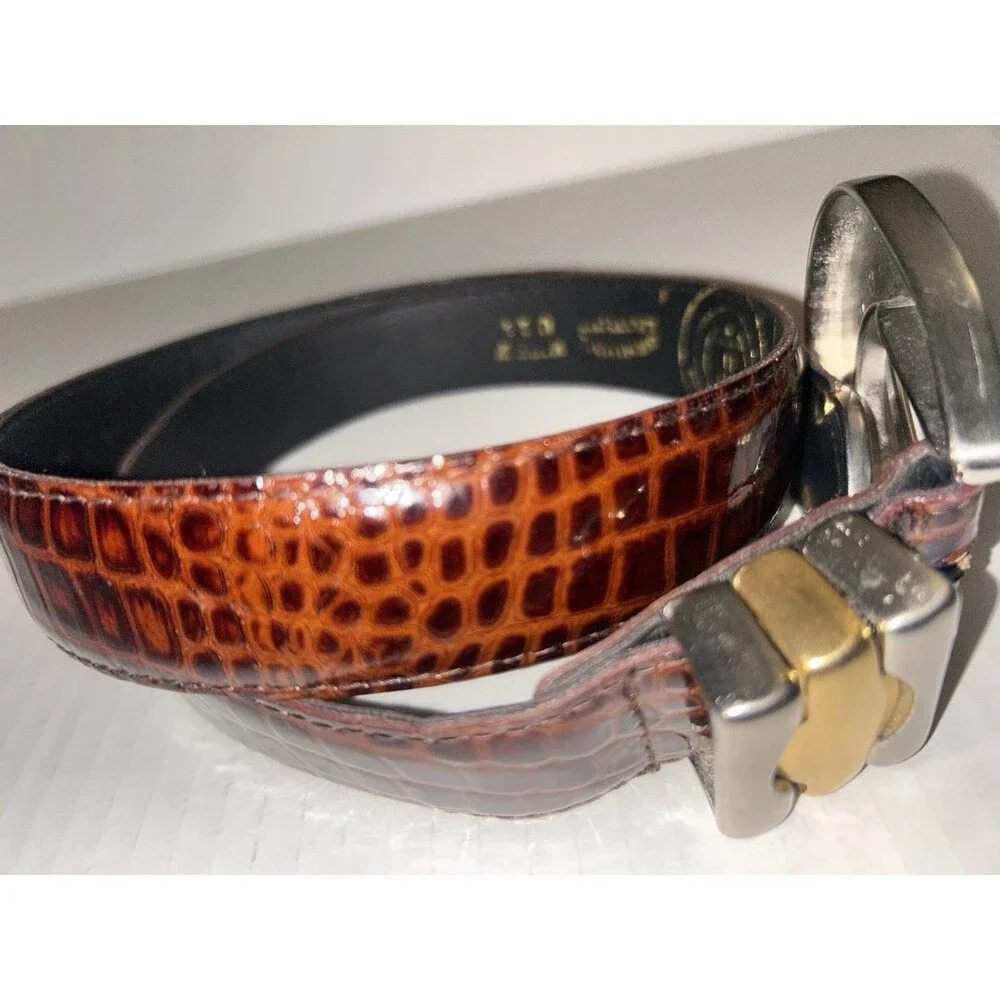 Woman Brown Leather Belt With Crocodile Embossed Texture With Nickel Buckle S/M